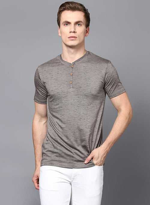 Dashed Grey Half Sleeve Henley Collar T-Shirt