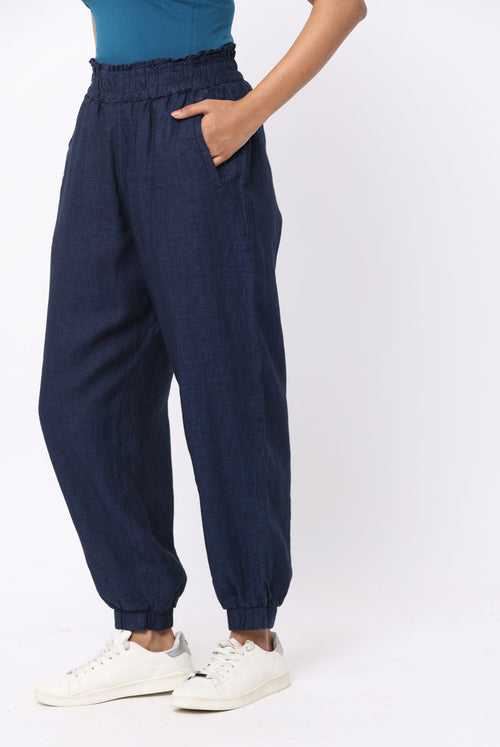 Womens Lined Pants Linen : Loka Navy