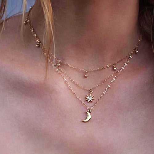Boho Moon, Star & Beads Choker Layered Necklace