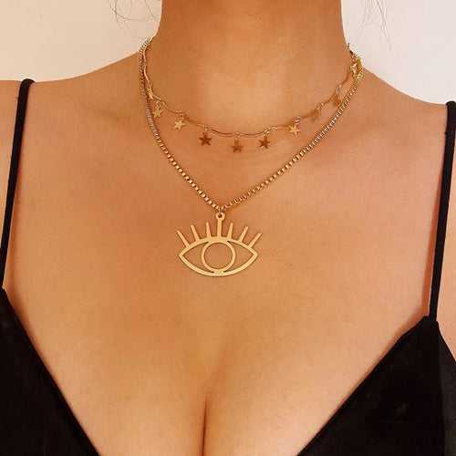 Vintage Star Clavicle Evil Eye Pendant Layered Necklace