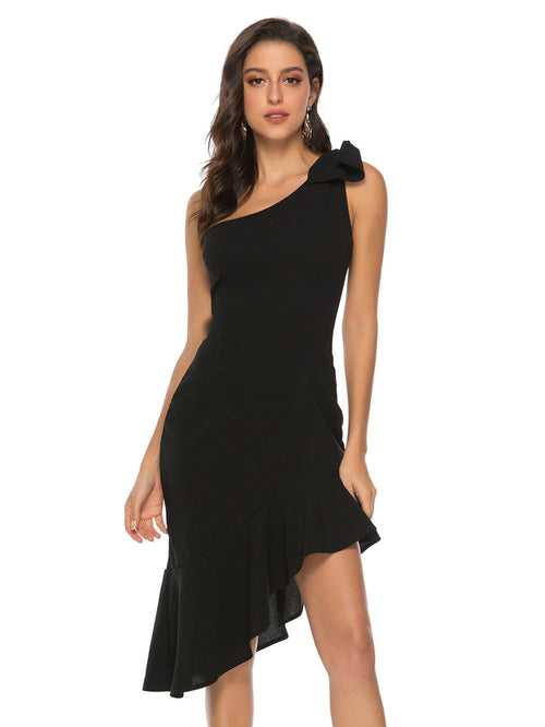 Inclined Shoulder Asymmetrical Hem Elegant Black Dress