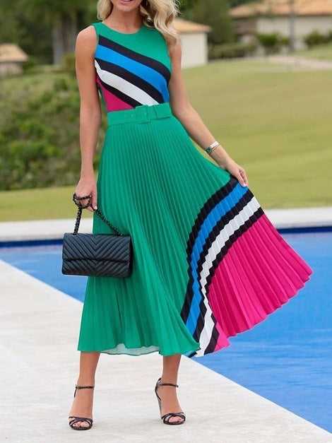 Striped Sleeveless Pleated Maxi Dress