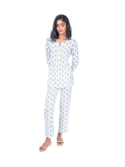 White & Blue Block Printed Kurti & Pant Set