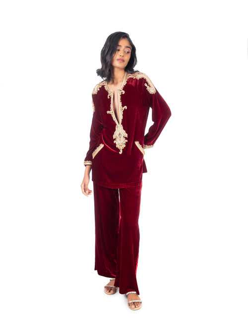 Maroon Velvet Kurti & Pant Set