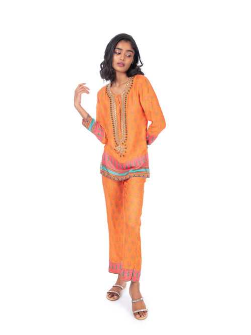 Orange Printed Kurti & Pant Set