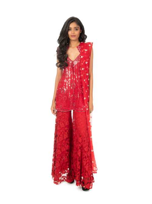 Red Mirrorwork Sharara Set