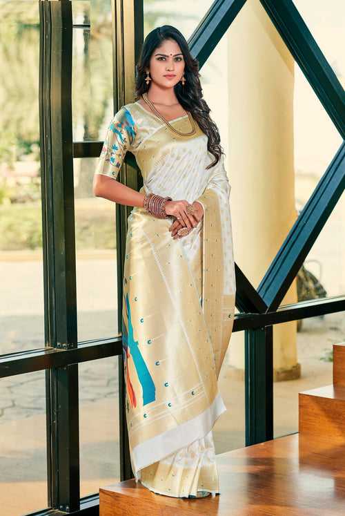Pearl White Color Paithani Silk Saree -Deepaali  Collection YF30089