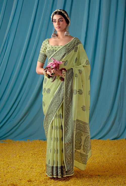 Green Color Lucknowi Linen Saree -Deepaali  Collection YF30106