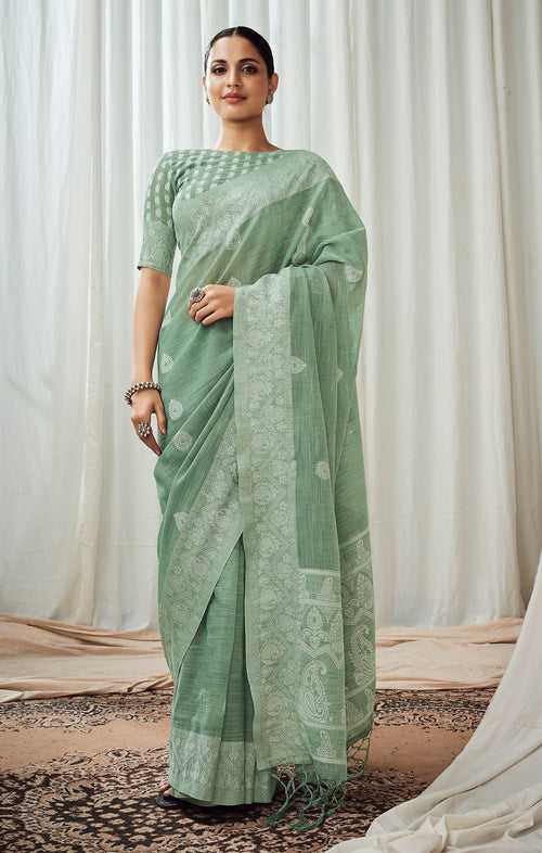 Green Color Soft  Luckhnowi Rich Pallu weaving Linen Saree Saree -Deepaali  Collection YF30013