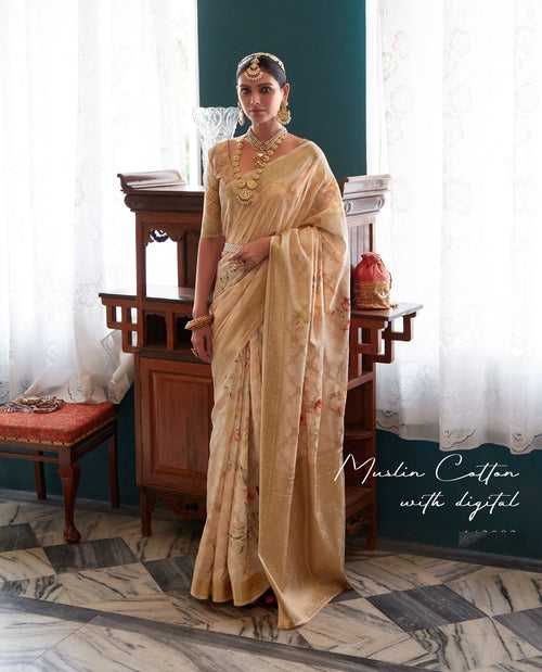 Creamy Golden Color Floral Digital Print Soft Silk Saree -Anantaa Collection YF30211