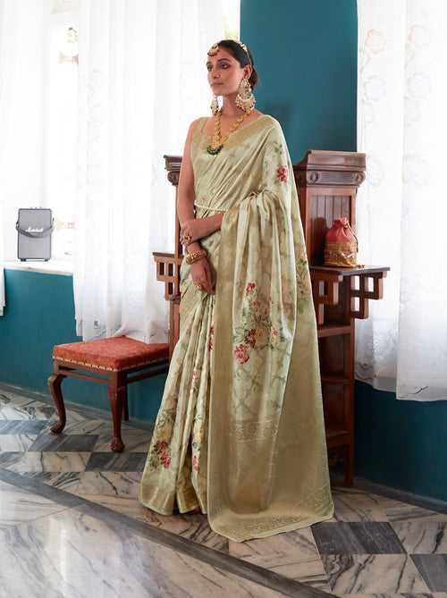 Powder Green Color Floral Digital Print Soft Silk Saree -Anantaa Collection YF30215