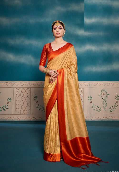Cream Color Kanjivaram Silk with Chaap Dying Saree -Deepaali  Collection YF30143