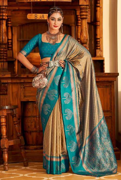 Goldish Blue Color Banarasi Paithani with Copper Zari weaving Saree -Anantaa Collection YF30219