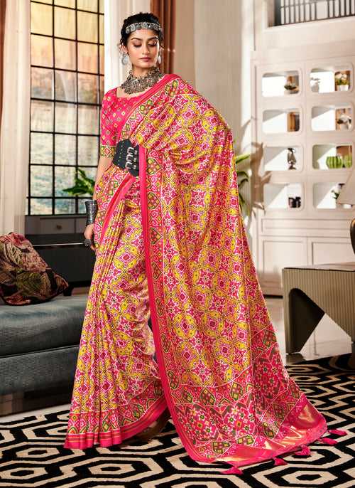 Yellow and Pink Color Tusser Patola Saree -Anantaa Collection YF30233