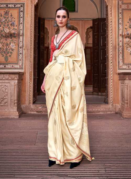 Cream and Red Color Zari Weaving Satin Saree Saree -Anantaa Collection YF30228