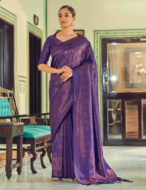 Purpulish Blue Color Soft Handloom Weaving Silk With Copper Zari Pattu Silk Saree -Deepaali  Collection YF30003