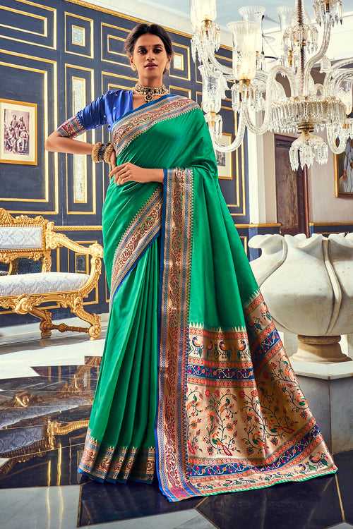 Green Color Soft Banarasi Plain Silk with Paithani Concept Saree -Deepaali  Collection YF30059