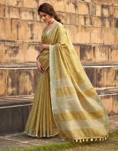 Cream Color Soft Linen With Khadi Print Saree -Deepaali  Collection YF30044