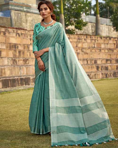 Blue Color Soft Linen With Khadi Print Saree -Deepaali  Collection YF30045