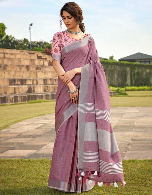 Pink Color Soft Linen With Khadi Print Saree -Deepaali  Collection YF30046