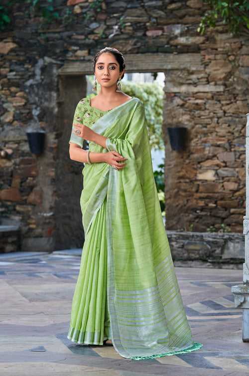 Parrot Green Color Soft Linen with Foil and Khadi Print Saree -Deepaali  Collection YF30075