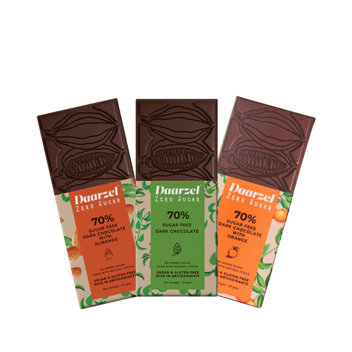 Daarzel Zero Sugar - 70% Dark Chocolate with Orange, Almond, Plain | 3 x  50 gm | Vegan , Gluten Free