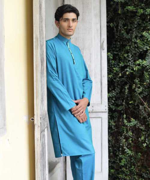 Tranquil Teal Linen Kurta Pyjama Set