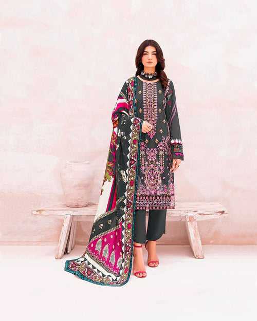 CHEVERON Dark Gray Color Unstitched Cotton Self Embroidery Work Printed Lawn Pakistani Suits