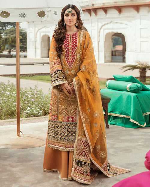 Mustard Yellow Color Bridal Wear Georgette Unstitched Pakistani Salwar Suits