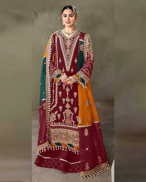 Maroon Color Bridal Wear Georgette Unstitched Pakistani Salwar Suits