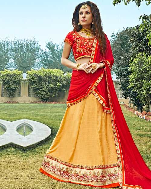 Red and Peach Color Bridal Wear Silk Jacquard Lehenga & Blouse with Dupatta