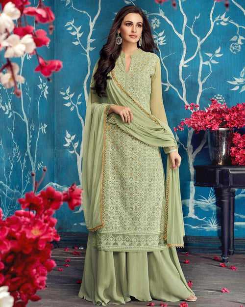 Pastel Green Colored Partywear Embroidered Georgette Palazzo Suit with Dupatta