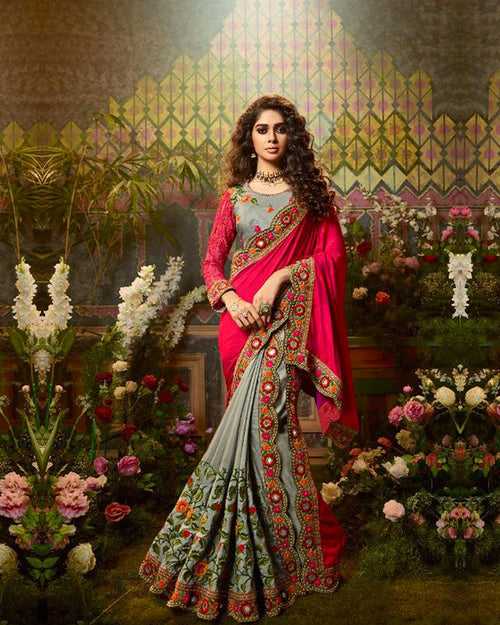 Pink and Gray Color Fancy Embroidery Work Wedding Wear Heavy Saree