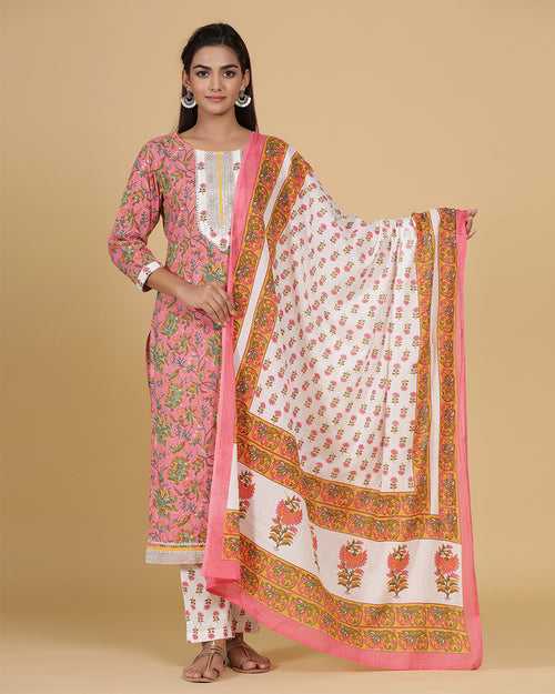 Pink Color Jaipuri Cotton Hand Block Printed Kurta with Pant and Dupatta