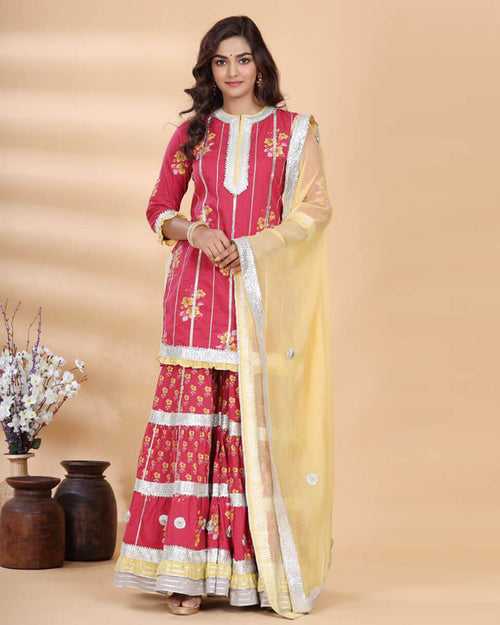 Red Color Cotton Gota Patti Work Printed Sharara Jaipuri Suit with Potli