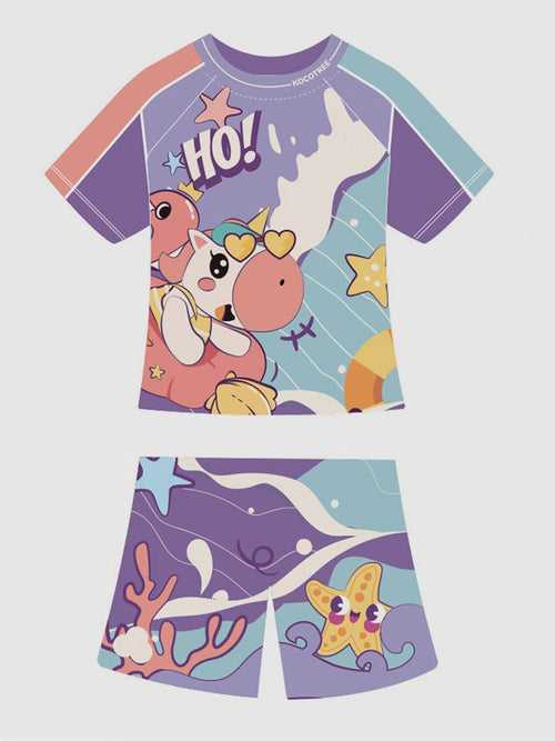 Little Surprise Box 2 PCS Flamingo Float Unicorn Tshirt & Shorts set Swimwear for Kids & Toddlers