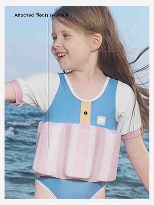 Little Surprise Box Powder Blue & Pink Stripes Kids Swimsuit with attached Swim Floats +tie up cap in UPF 50+