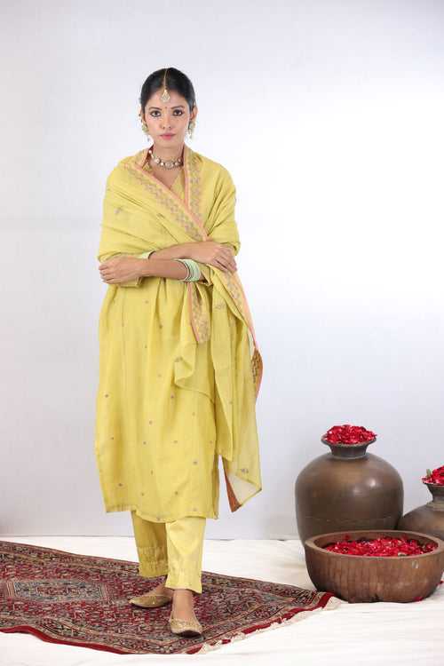 INDU EMBROIDERED KURTA SET - LIME YELLOW