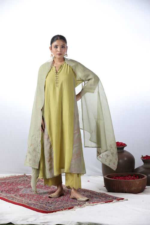 CHAND EMBROIDERED KURTA SET - LIME YELLOW