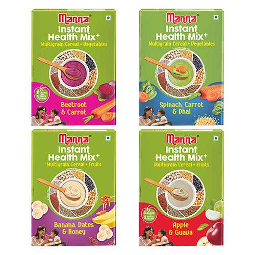 Instant Health Mix- pack of 4 | Beetroot & Carrot | Spinach, Carrot & Dhal | Banana, Dates, Honey |  Apple & Guava | multigrain baby Food - 800g