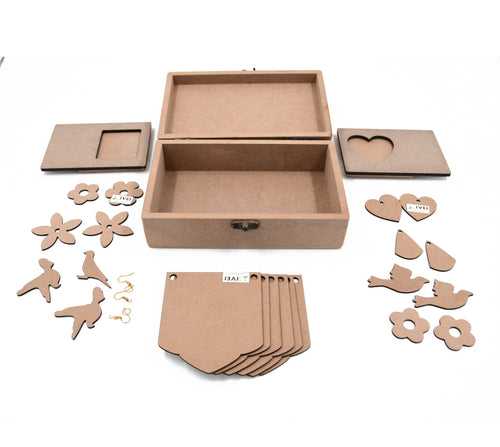 IVEI DIY MDF Box Pack with 2 Pair Earrings, Cut outs, Toran and 2 Photo magnet