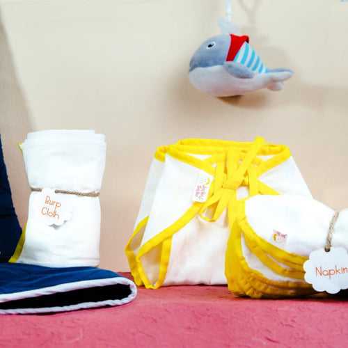 IVEI JUMBO GIFT SET FOR NEWBORNS - Set of 6 nappies, 6 napkins, 2 towels, 2 burp cloth, 1 liner - Pure Soft Dhoti Cotton - Yellow