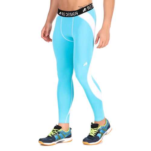 Men's Polyester Compression Pant and Full Tights (Aqua/White)