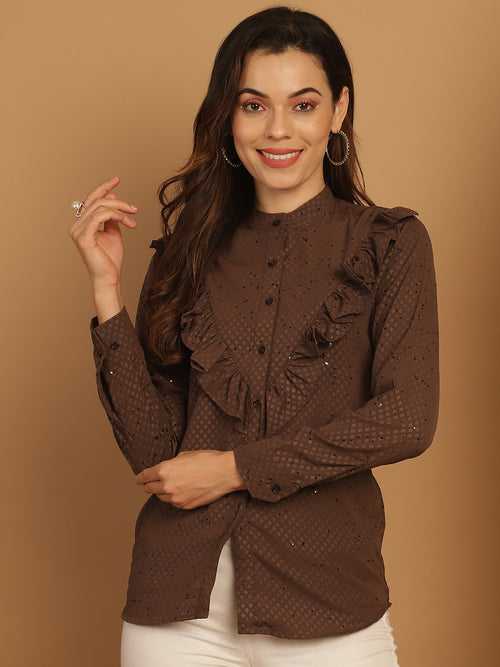 Coffee Brown Woven Design Frill Top