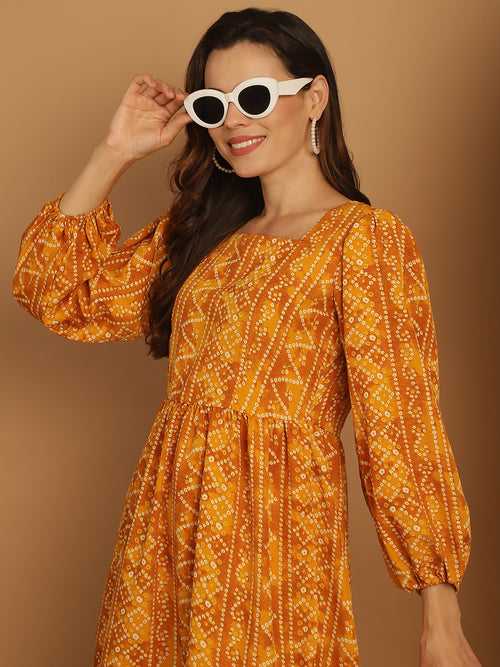 Bandhani Printed Puff Sleeve A-Line Dress