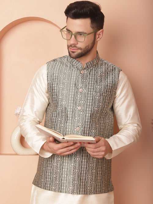 Men's Woven Design Nehru Jacket With Solid Kurta Pyjama