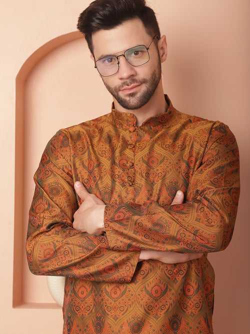 Men Golden Silk Blend Straight Kurtas