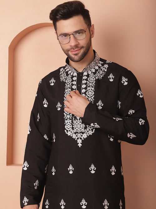 Men's Black Chikankari Embroidered Kurta With Pyjama