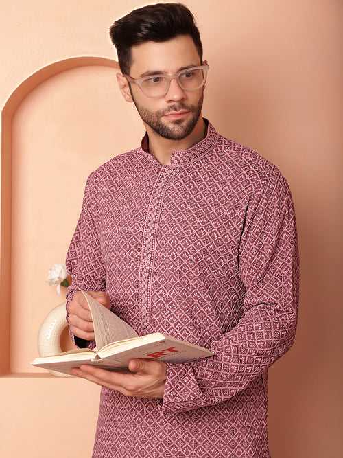 Men's Magenta Embroidered and Sequence Kurta with Pyjama