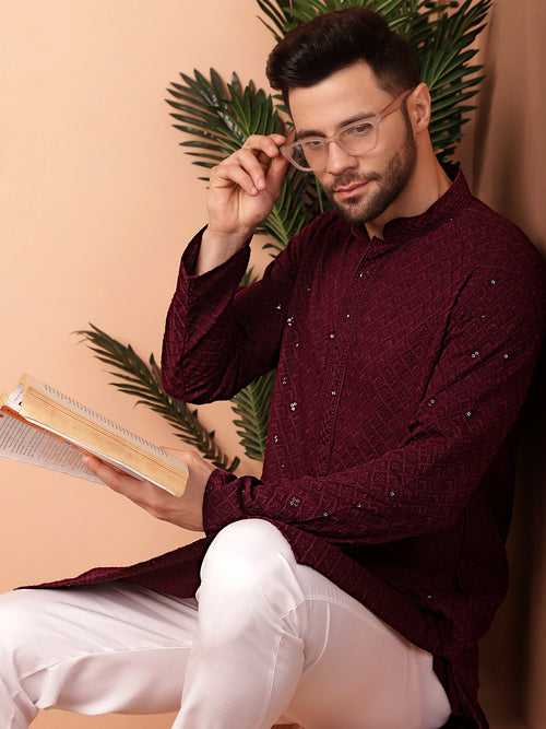 Men's Purple Embroidered and Sequence Kurtas